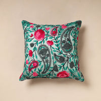 Green - Phulkari Hand Embroidery Chanderi Silk Cushion Cover (16 x 16 in)