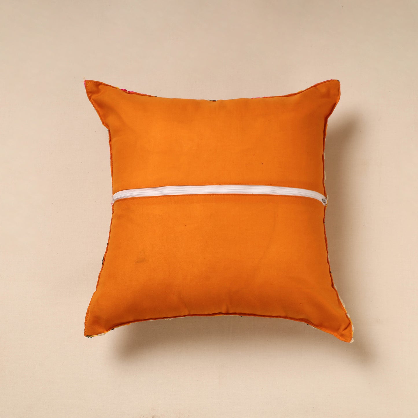 Yellow - Phulkari Hand Embroidery Chanderi Silk Cushion Cover (16 x 16 in)