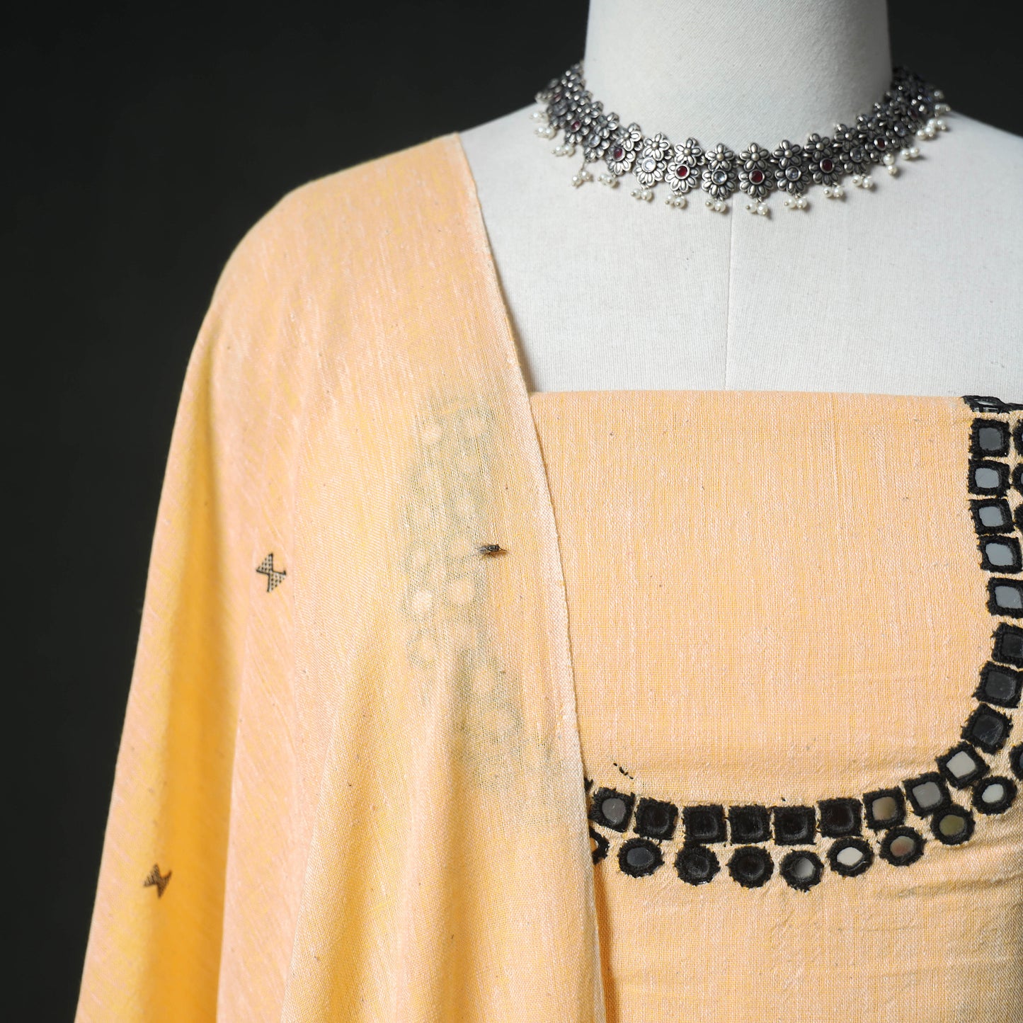 Kutch Bhujodi Handwoven Kala Cotton Unstitched Dress Material: Kurta, Bottom with Dupatta 06