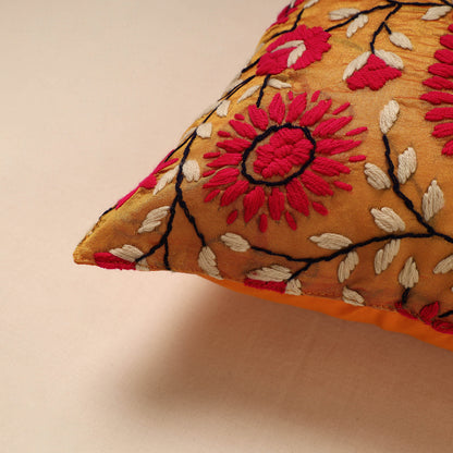 Brown - Phulkari Hand Embroidery Chanderi Silk Cushion Cover (16 x 16 in)