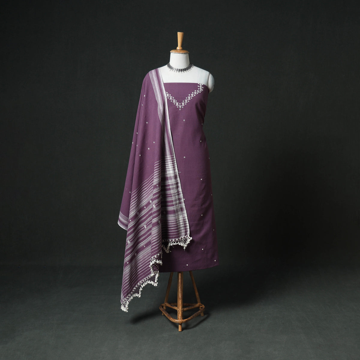 Kutch Bhujodi Handwoven Kala Cotton Unstitched Dress Material: Kurta, Bottom with Dupatta 05