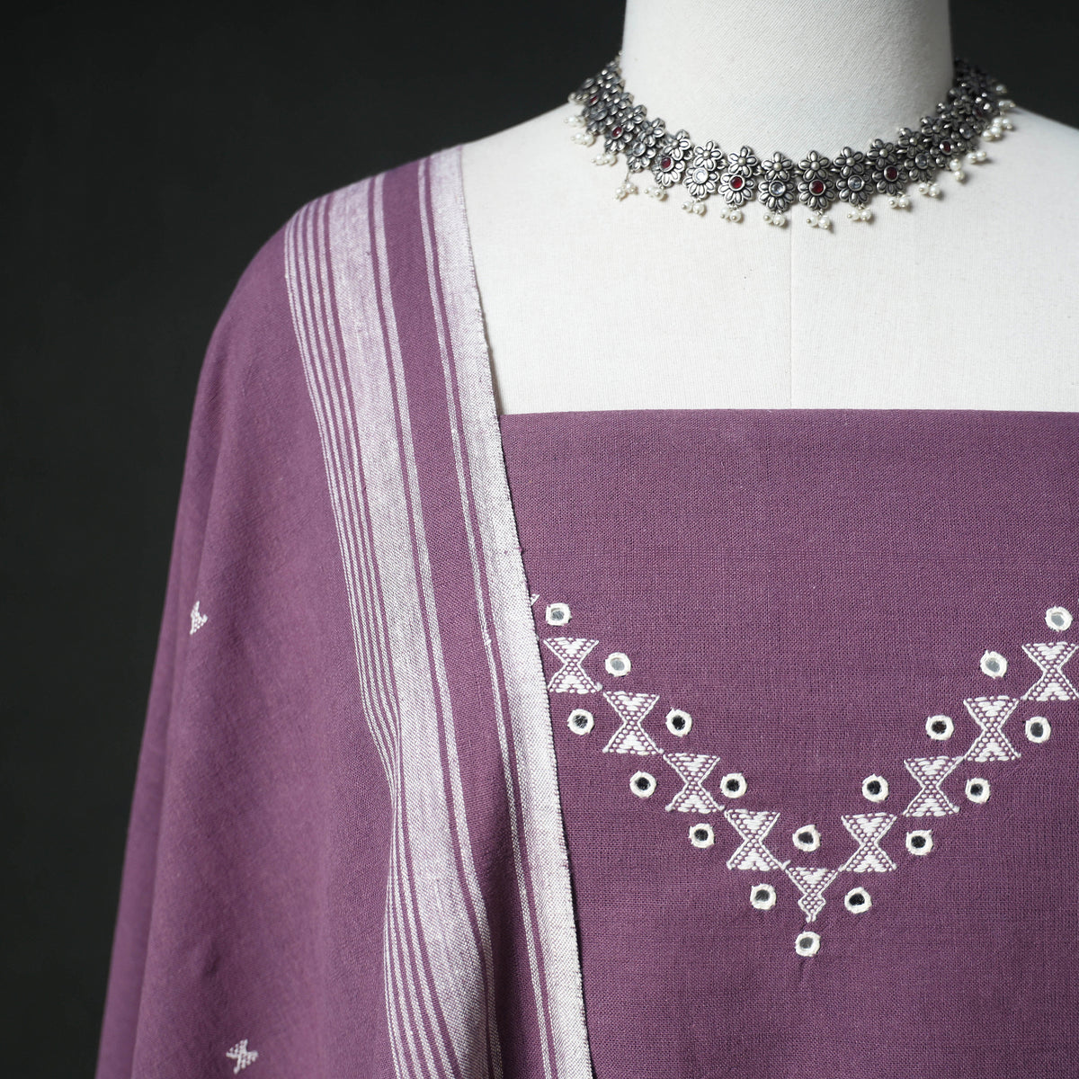 Kutch Bhujodi Handwoven Kala Cotton Unstitched Dress Material: Kurta, Bottom with Dupatta 05