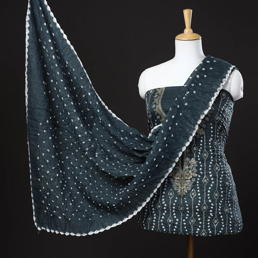 Grey - 3pc Kutch Bandhani Tie-Dye Satin Cotton Suit Material Set