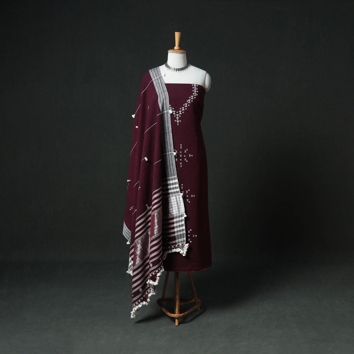 Kutch Bhujodi Handwoven Kala Cotton Unstitched Dress Material: Kurta, Bottom with Dupatta 04