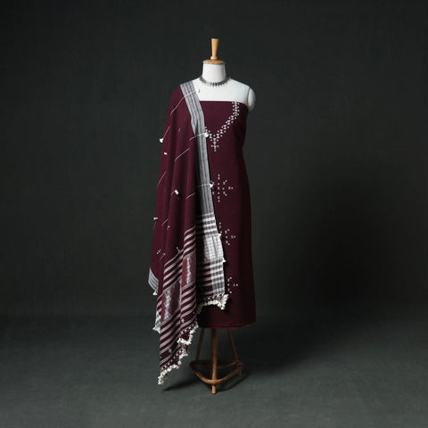 Purple - Kutch Bhujodi Handwoven Kala Cotton Unstitched Dress Material: Kurta, Bottom with Dupatta 04