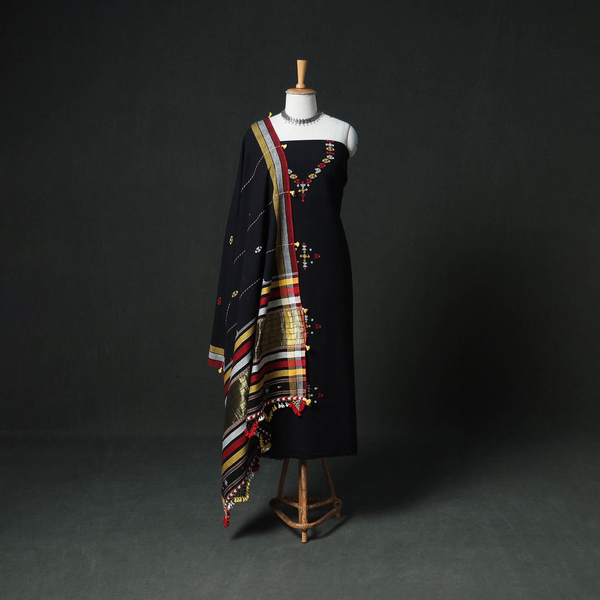 Kutch Bhujodi Handwoven Kala Cotton Unstitched Dress Material: Kurta, Bottom with Dupatta 03