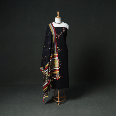 Kutch Bhujodi Handwoven Kala Cotton Unstitched Dress Material: Kurta, Bottom with Dupatta 03