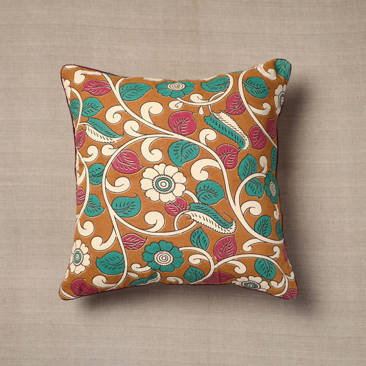 Brown - Kalamkari Printed Cotton Cushion Cover (16 x 16 in)