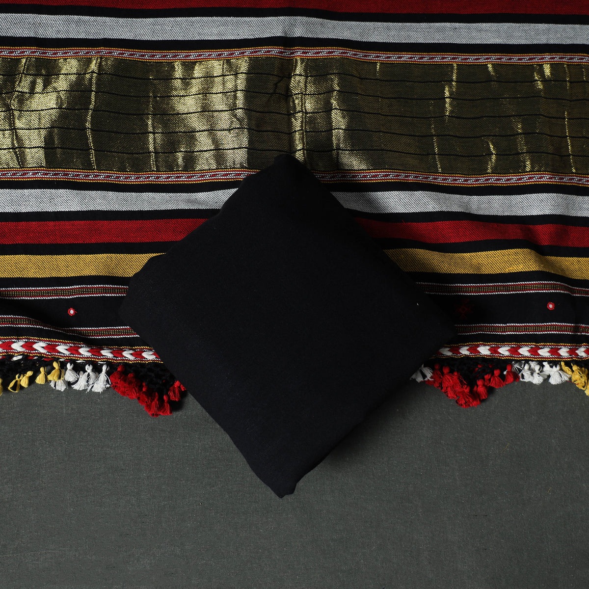 Kutch Bhujodi Handwoven Kala Cotton Unstitched Dress Material: Kurta, Bottom with Dupatta 03