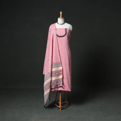 Pink - Kutch Bhujodi Handwoven Kala Cotton Unstitched Dress Material: Kurta, Bottom with Dupatta 02