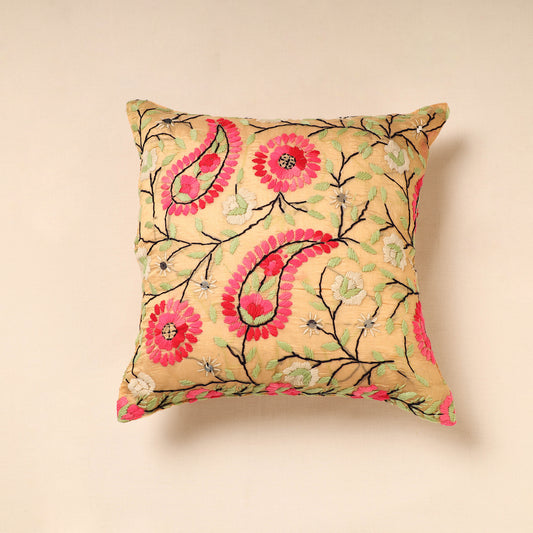 Brown - Phulkari Hand Embroidery Chanderi Silk Cushion Cover (16 x 16 in)