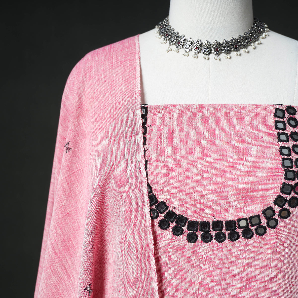 Pink - Kutch Bhujodi Handwoven Kala Cotton Unstitched Dress Material: Kurta, Bottom with Dupatta 02