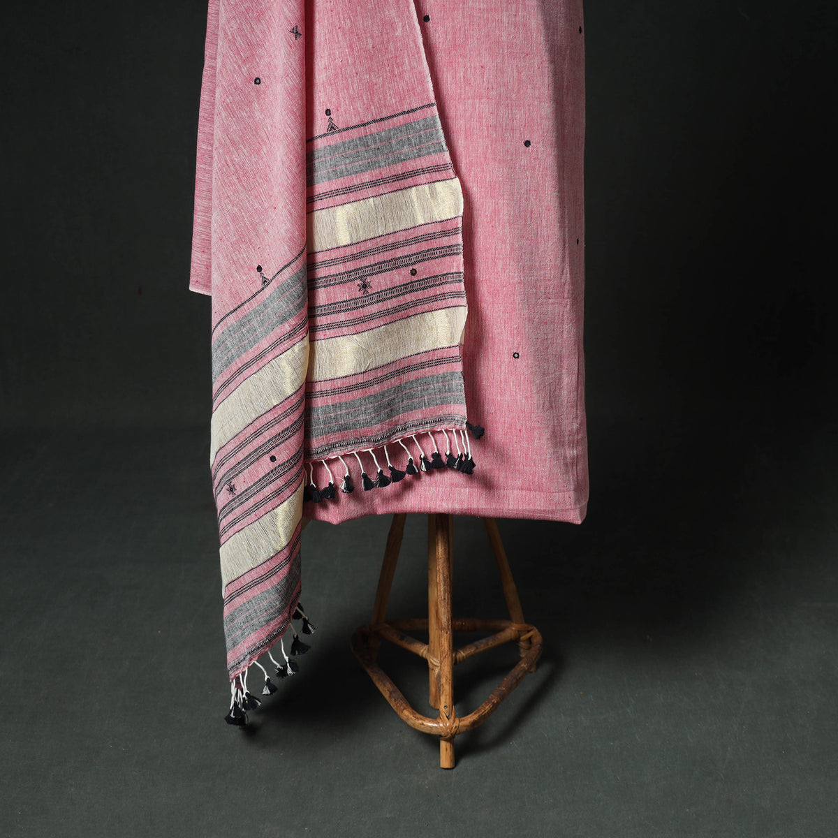 Pink - Kutch Bhujodi Handwoven Kala Cotton Unstitched Dress Material: Kurta, Bottom with Dupatta 02