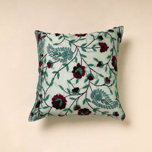 Green - Phulkari Hand Embroidery Chanderi Silk Cushion Cover (16 x 16 in)