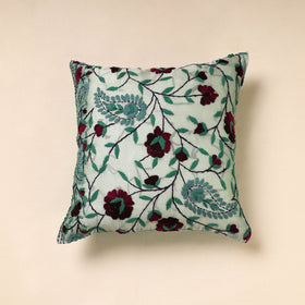 Green - Chanderi Silk Phulkari Hand Embroidered Cushion Cover