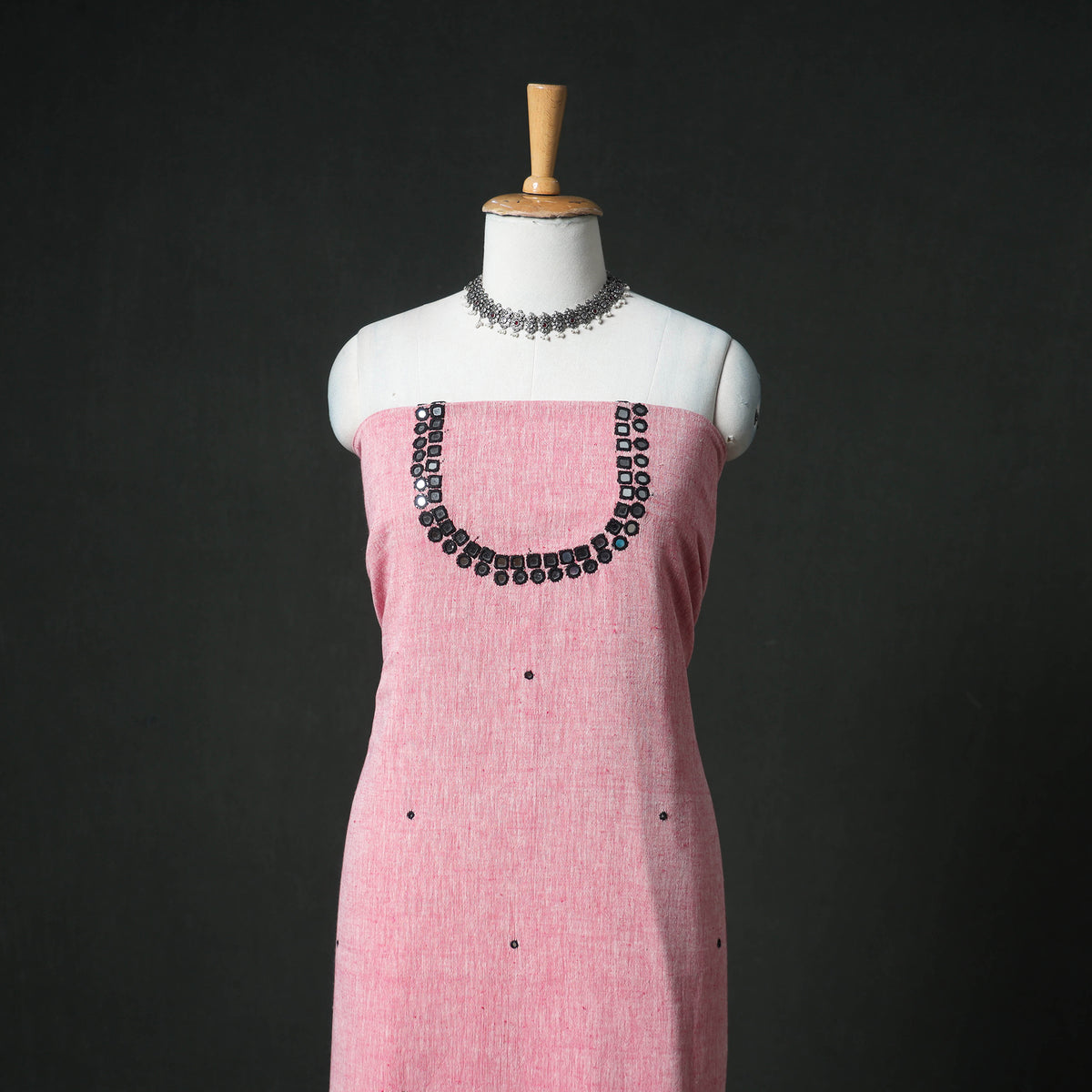 Pink - Kutch Bhujodi Handwoven Kala Cotton Unstitched Dress Material: Kurta, Bottom with Dupatta 02