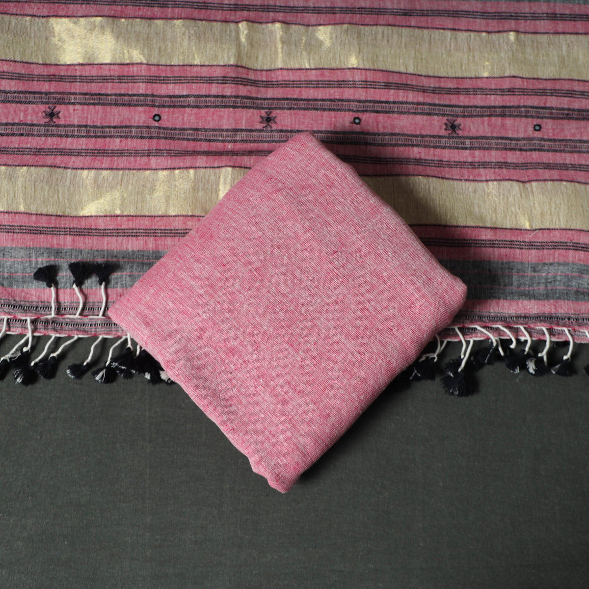 Pink - Kutch Bhujodi Handwoven Kala Cotton Unstitched Dress Material: Kurta, Bottom with Dupatta 02