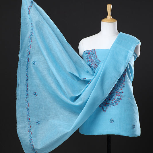 Blue - 3pc Lucknow Chikankari Hand Embroidery Cotton Suit Material Set