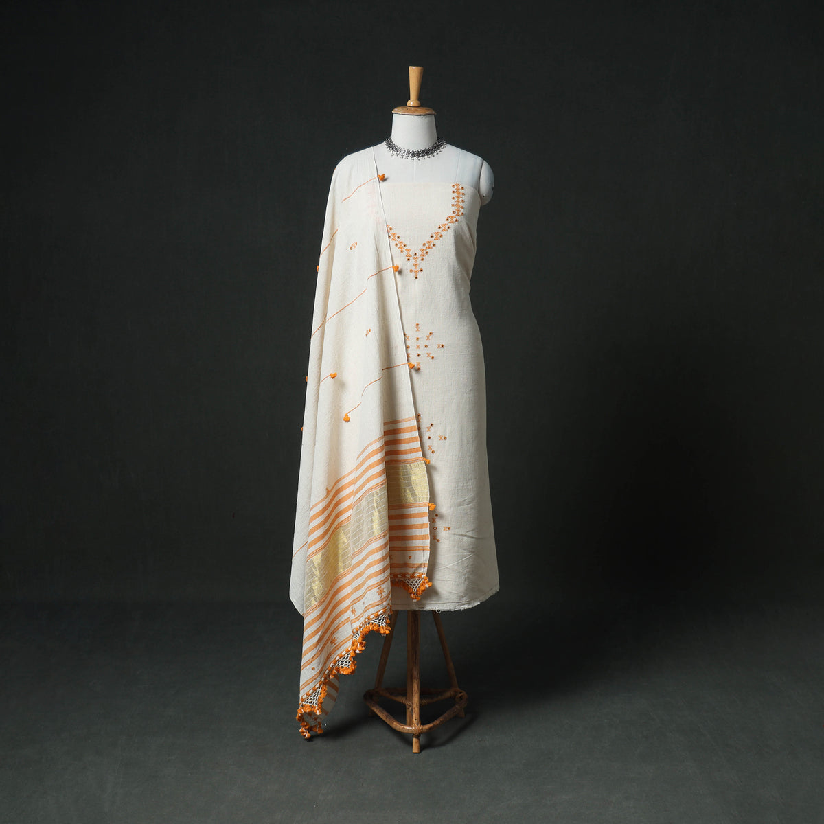 Kutch Bhujodi Handwoven Kala Cotton Unstitched Dress Material: Kurta, Bottom with Dupatta 01