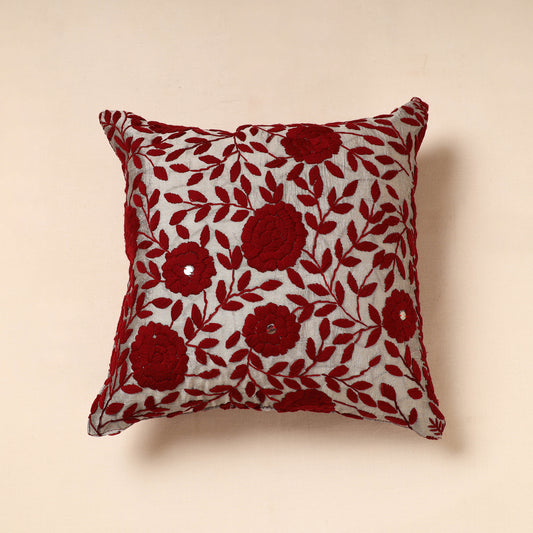 Maroon - Phulkari Hand Embroidery Chanderi Silk Cushion Cover (16 x 16 in)