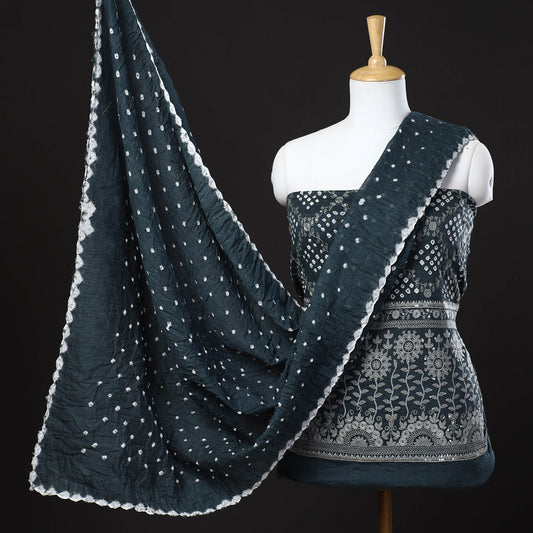 Grey - 3pc Kutch Bandhani Tie-Dye Satin Cotton Suit Material Set