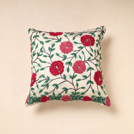 Beige - Phulkari Hand Embroidery Chanderi Silk Cushion Cover (16 x 16 in)