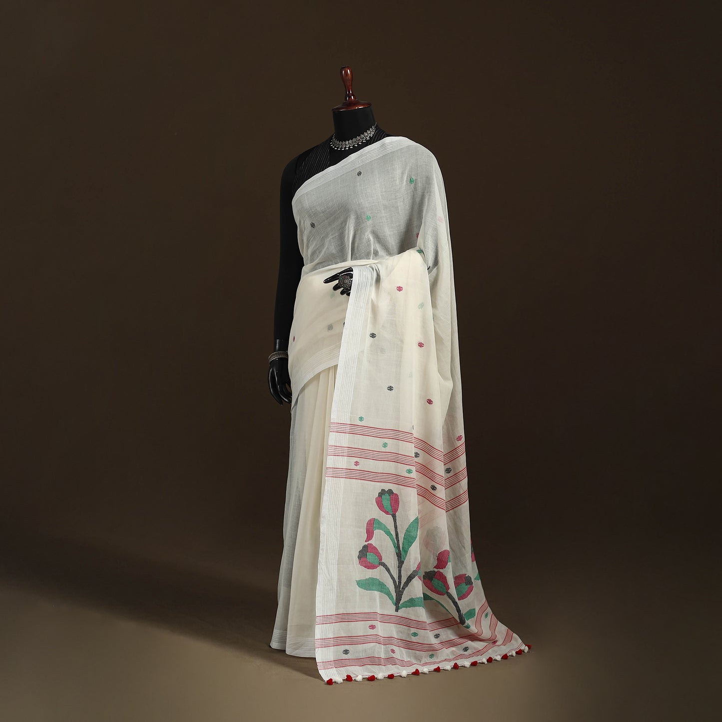 Phulia Jamdani Pure Handloom Cotton Saree with Tassels (Count 92/84) 18