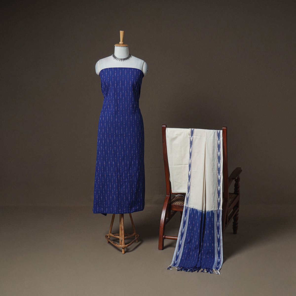 Pochampally Ikat Woven Cotton Unstitched Dress Material: Kurta, Bottom & Dupatta 01