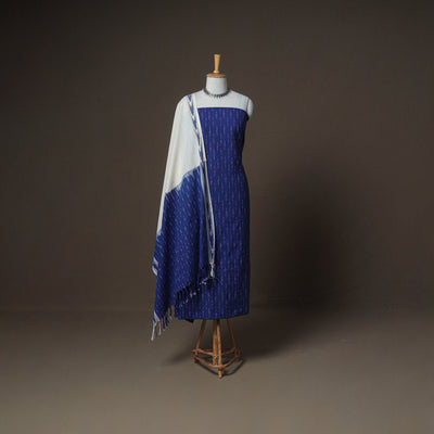 Pochampally Ikat Woven Cotton Unstitched Dress Material: Kurta, Bottom & Dupatta 01