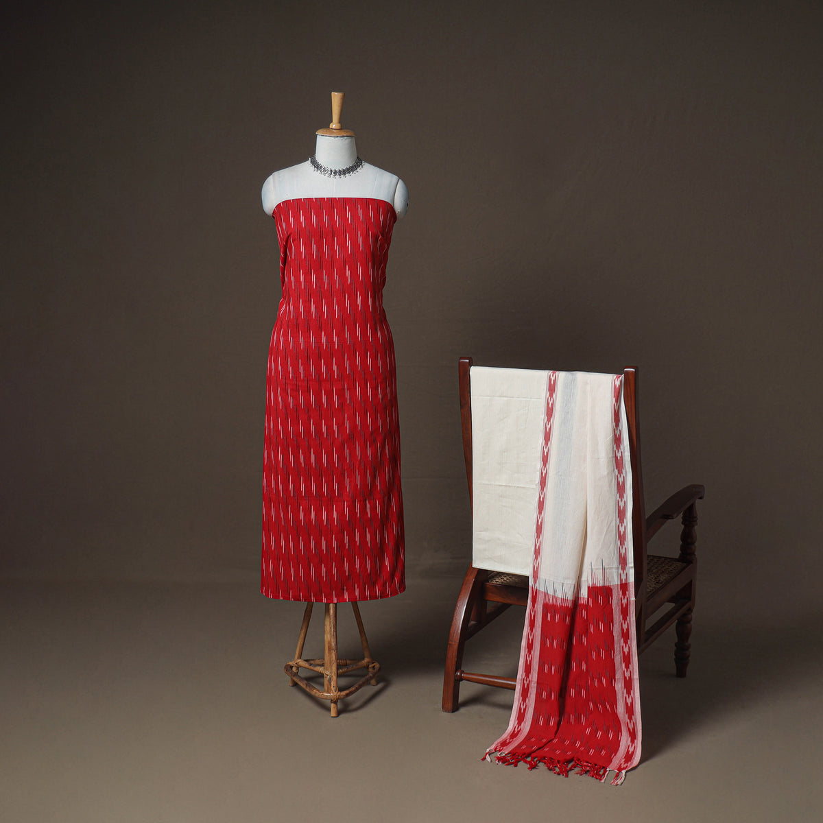 Pochampally Ikat Woven Cotton Unstitched Dress Material: Kurta, Bottom & Dupatta 02