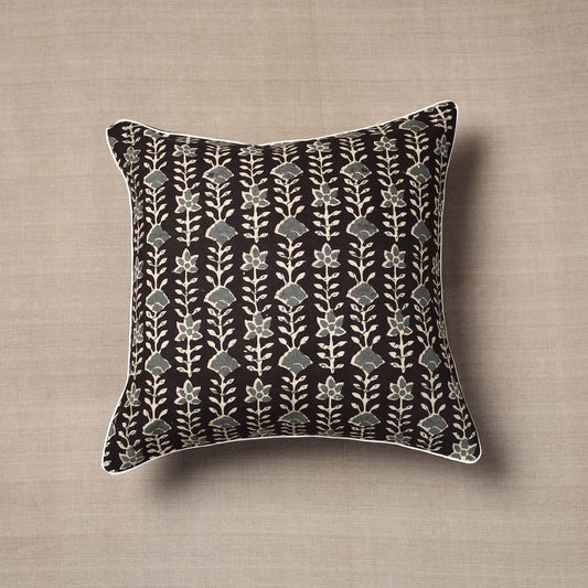 Black - Kalamkari Printed Cotton Cushion Cover (16 x 16 in)