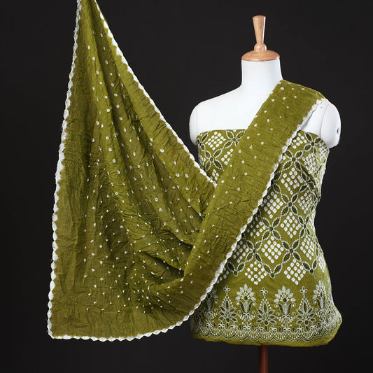 Green - 3pc Kutch Bandhani Tie-Dye Satin Cotton Suit Material Set