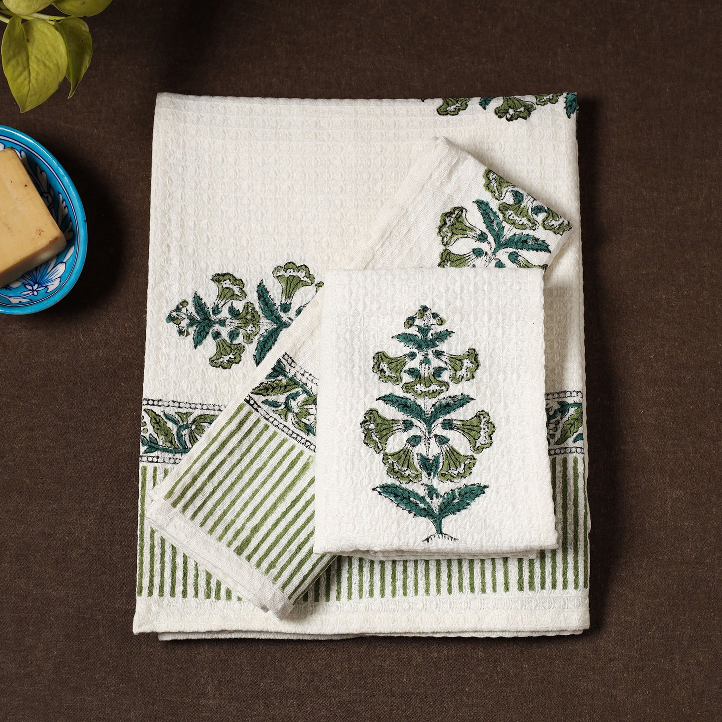 Sanganeri Block Printed Waffle Weave Cotton Bath & Face Towel (Set of 3)