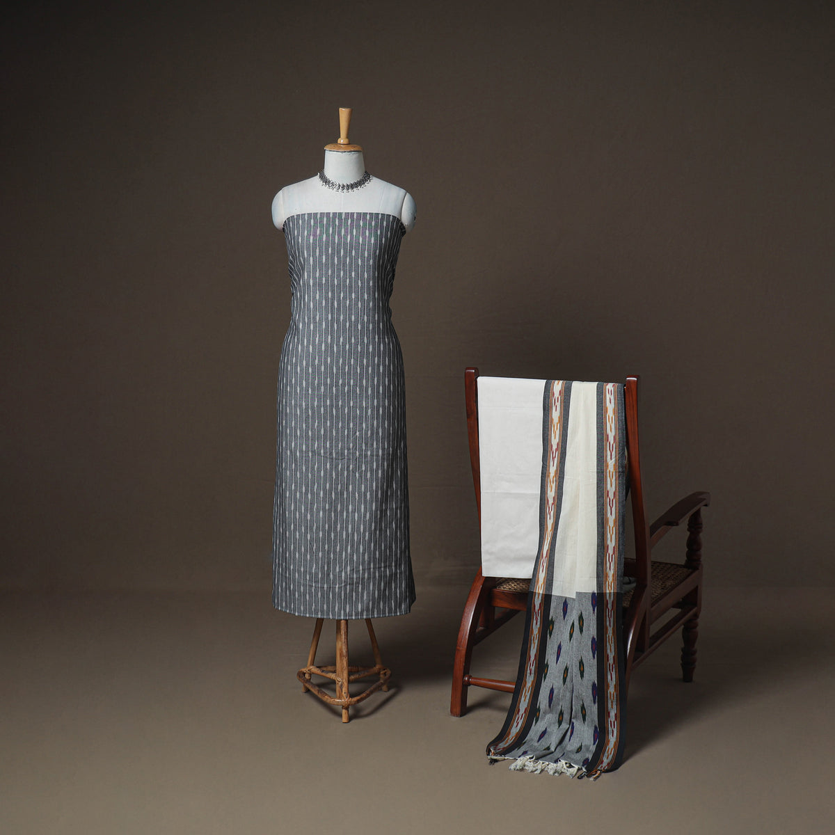 Pochampally Ikat Woven Cotton Unstitched Dress Material: Kurta, Bottom & Dupatta 03