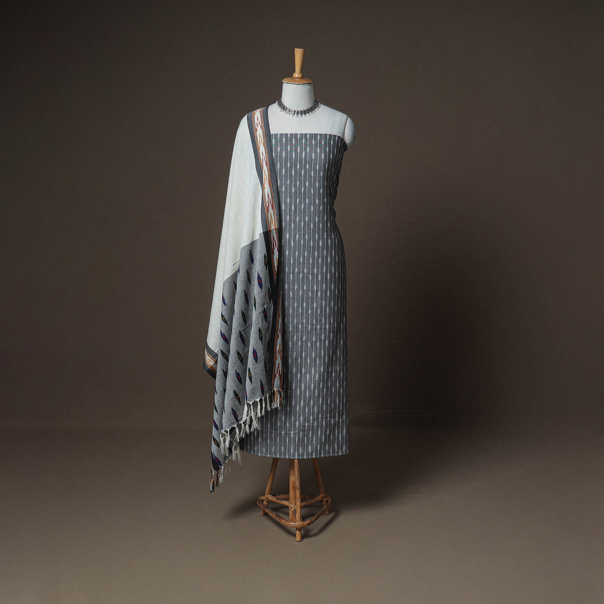 Pochampally Ikat Woven Cotton Unstitched Dress Material: Kurta, Bottom & Dupatta 03