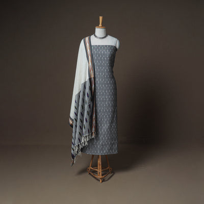 Pochampally Ikat Woven Cotton Unstitched Dress Material: Kurta, Bottom & Dupatta 03
