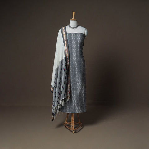 Pochampally Ikat Woven Cotton Unstitched Dress Material: Kurta, Bottom & Dupatta 03
