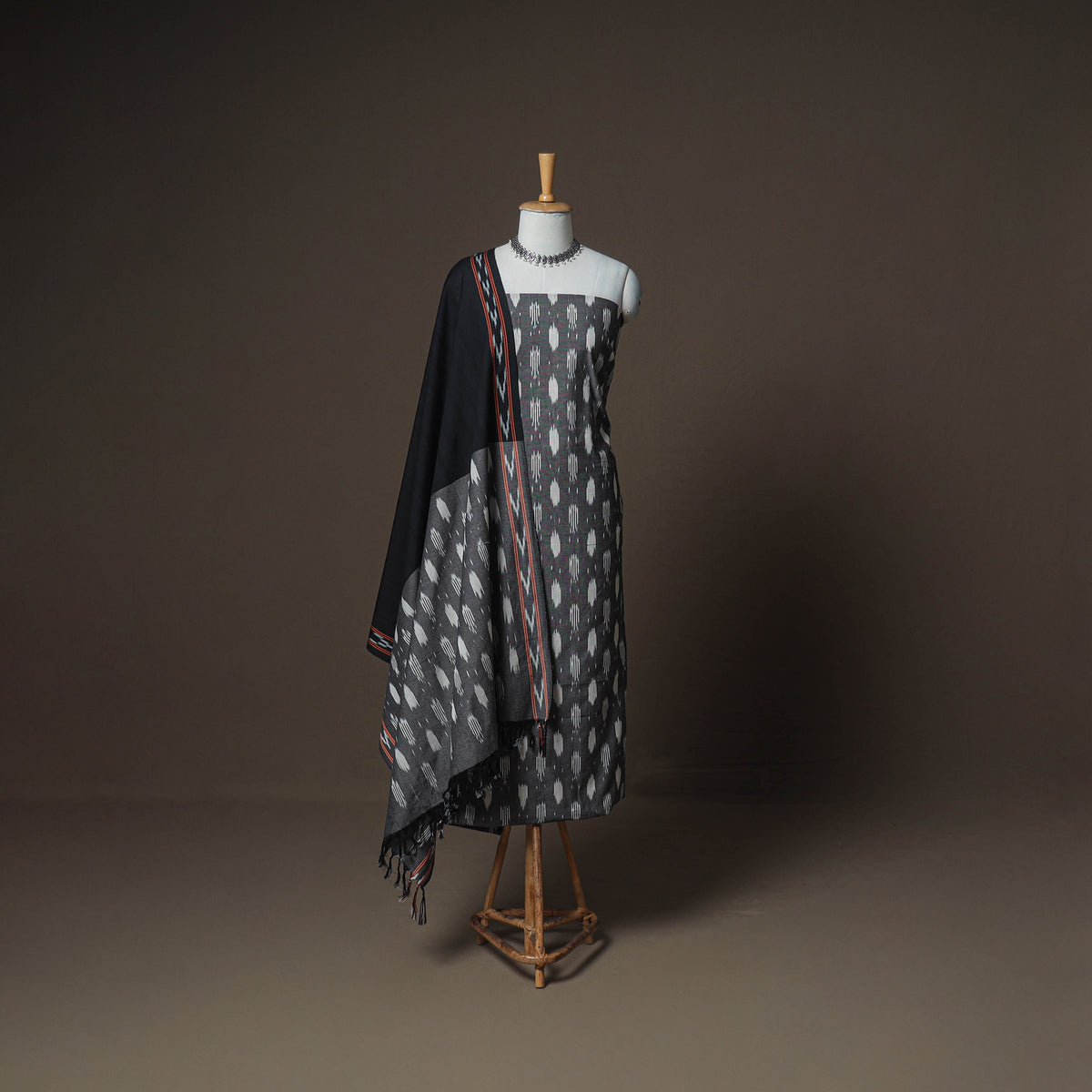 Pochampally Ikat Woven Cotton Unstitched Dress Material: Kurta, Bottom & Dupatta 04
