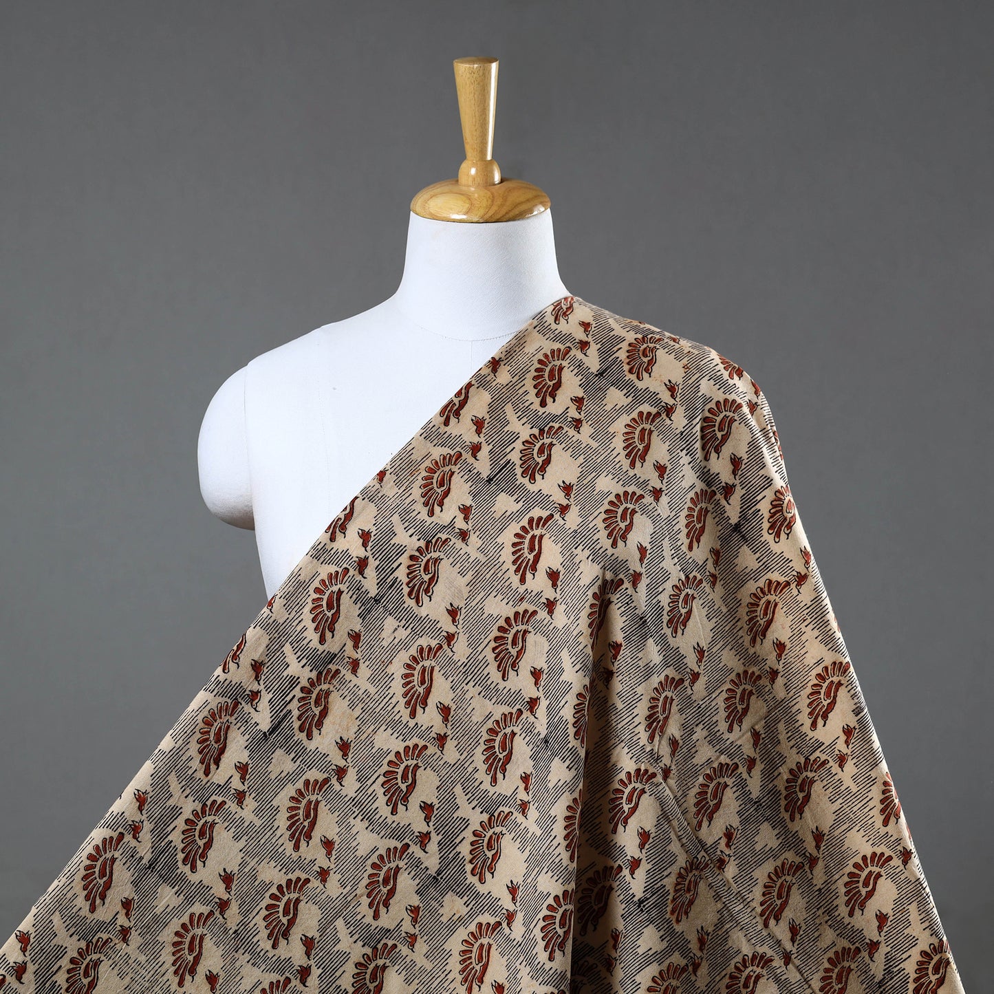 Beige - Block Print Cotton Pedana Kalamkari Fabric 18