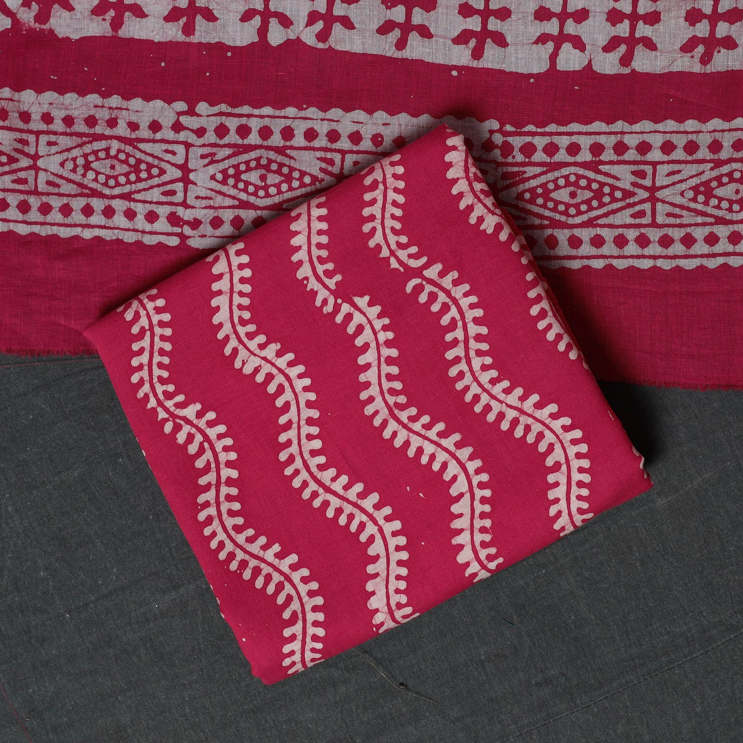 Kutch Hand Block Batik Print Cotton 3pc Unstitched Dress Material Suit Set 01