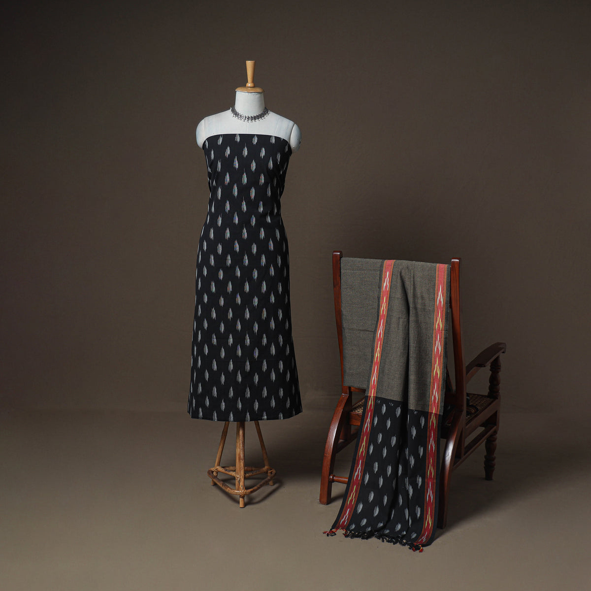 Pochampally Ikat Woven Cotton Unstitched Dress Material: Kurta, Bottom & Dupatta 07