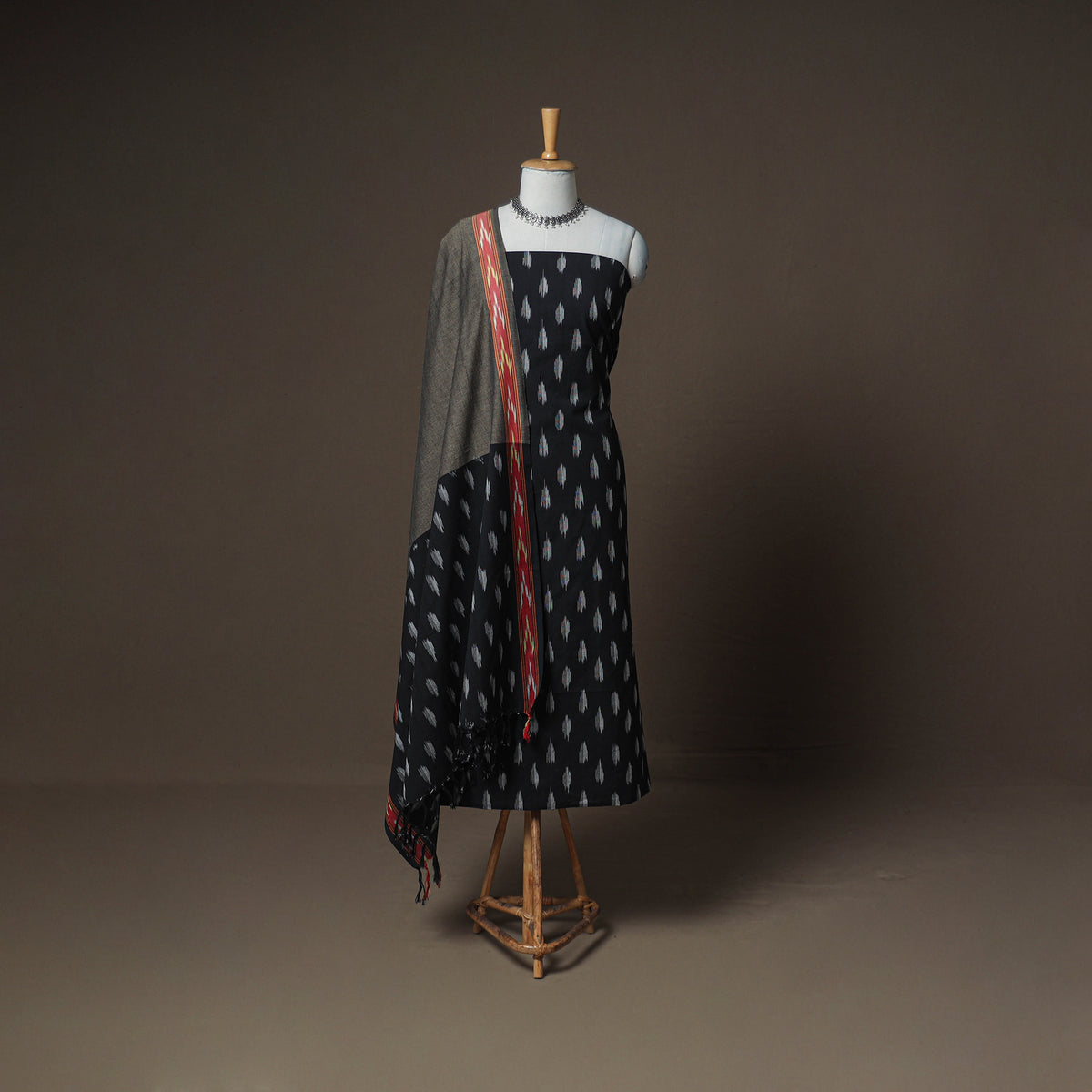 Pochampally Ikat Woven Cotton Unstitched Dress Material: Kurta, Bottom & Dupatta 07