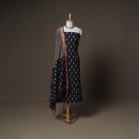 Black - Pochampally Ikat Woven Cotton Unstitched Dress Material: Kurta, Bottom & Dupatta 07