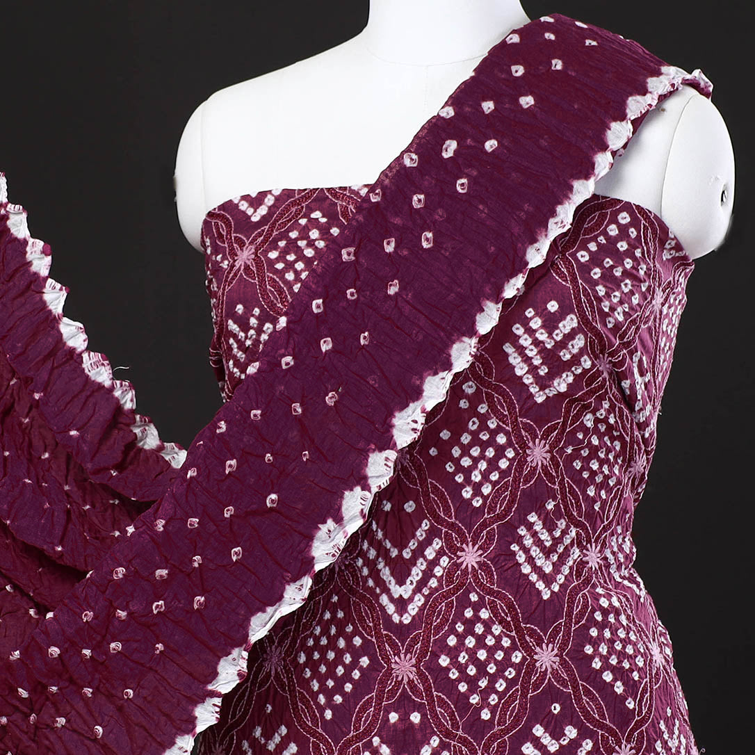 Purple - 3pc Kutch Bandhani Tie-Dye Mirror Work Satin Cotton Suit Material Set