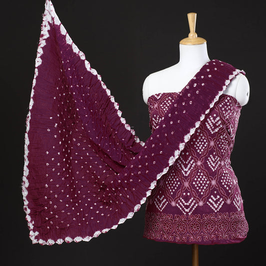 Purple - 3pc Kutch Bandhani Tie-Dye Mirror Work Satin Cotton Suit Material Set