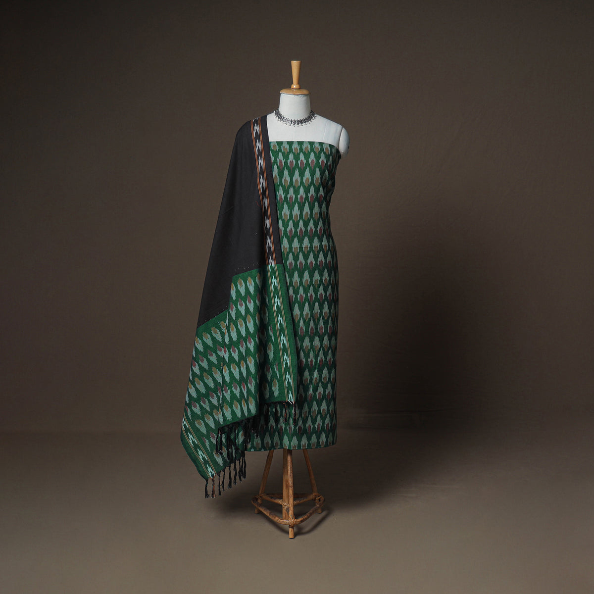 Pochampally Ikat Woven Cotton Unstitched Dress Material: Kurta, Bottom & Dupatta 08