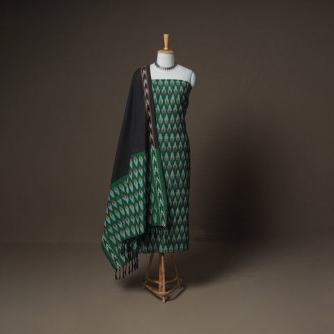 Green - Pochampally Ikat Woven Cotton Unstitched Dress Material: Kurta, Bottom & Dupatta 08