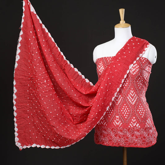 Red - 3pc Kutch Bandhani Tie-Dye Mirror Work Satin Cotton Suit Material Set