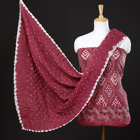 Pink - 3pc Kutch Bandhani Tie-Dye Mirror Work Satin Cotton Suit Material Set