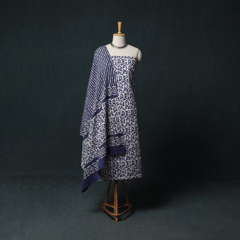 Kutch Hand Block Batik Print Cotton 3pc Unstitched Dress Material Suit Set 04